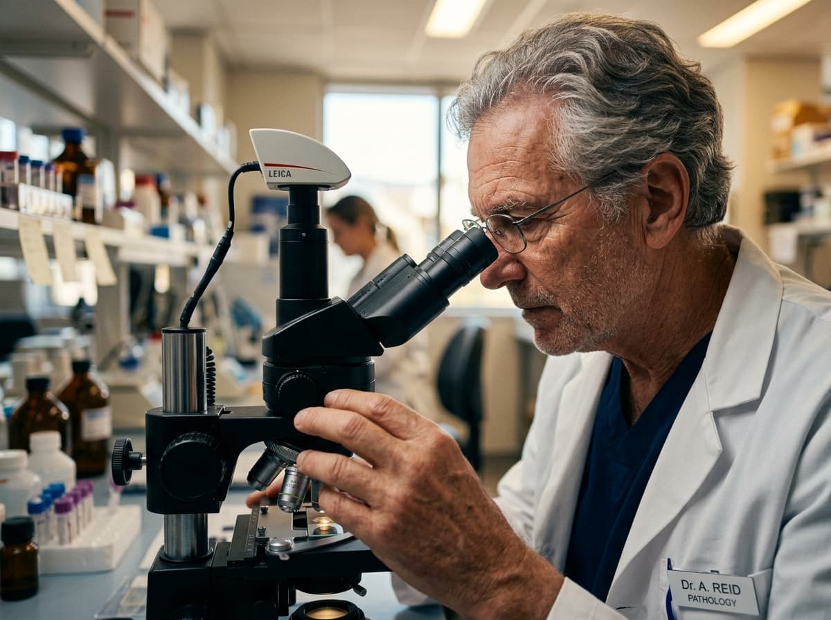 Senior doctor looking intently through a microscope in a clinical laboratory